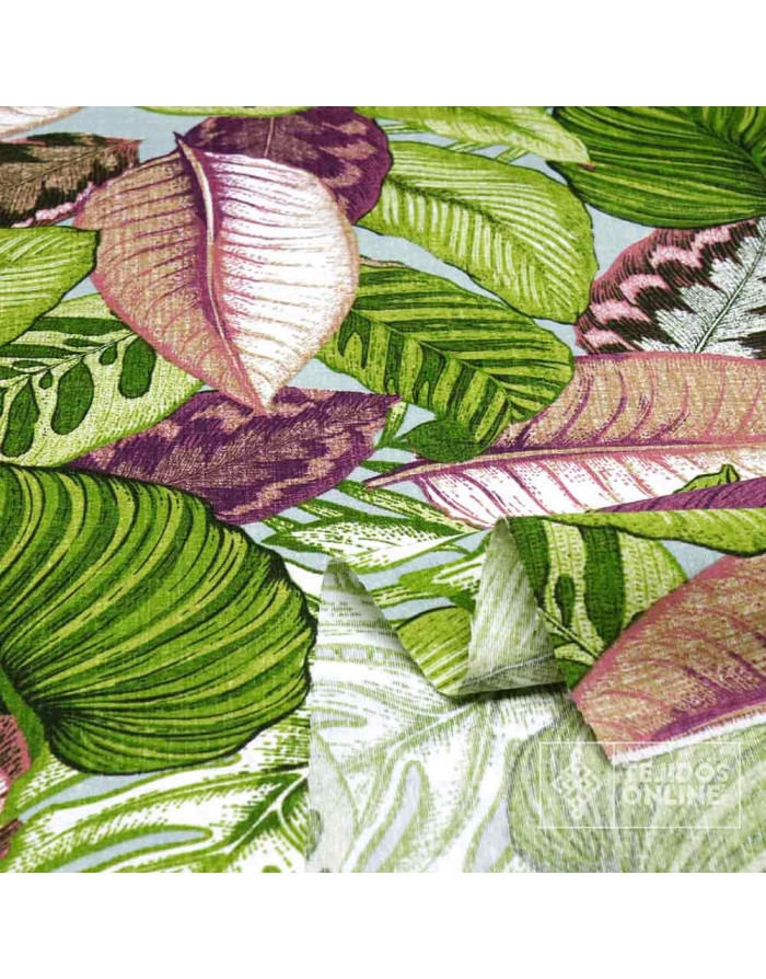 Tela de Hojas Verde Fondo Turquesa - Telas de Palmeras