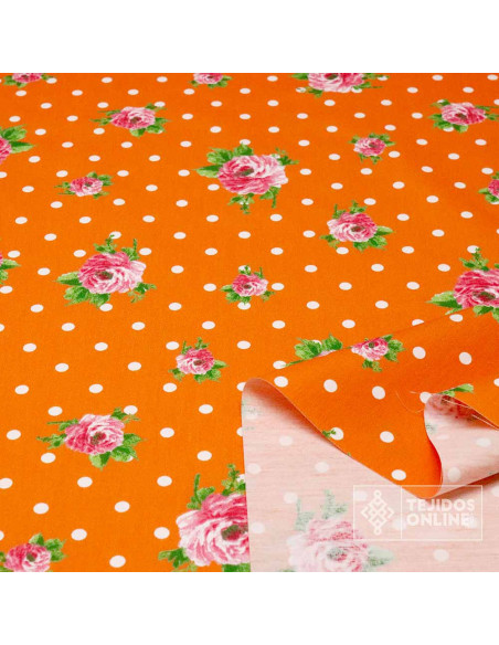 Popelín Naranja Lunar Blanco Flor - Telas de Flamenca Infantil Popelín Naranja Lunar Blanco Flor - Telas de Flamenca Infantil