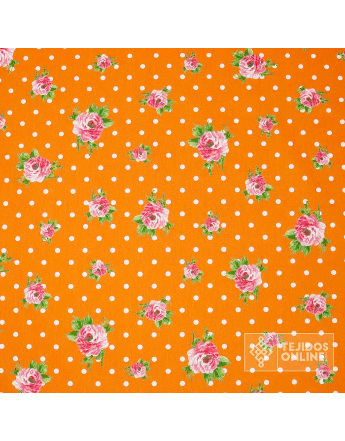 Popelín Naranja Lunar Blanco Flor - Telas de Flamenca Infantil