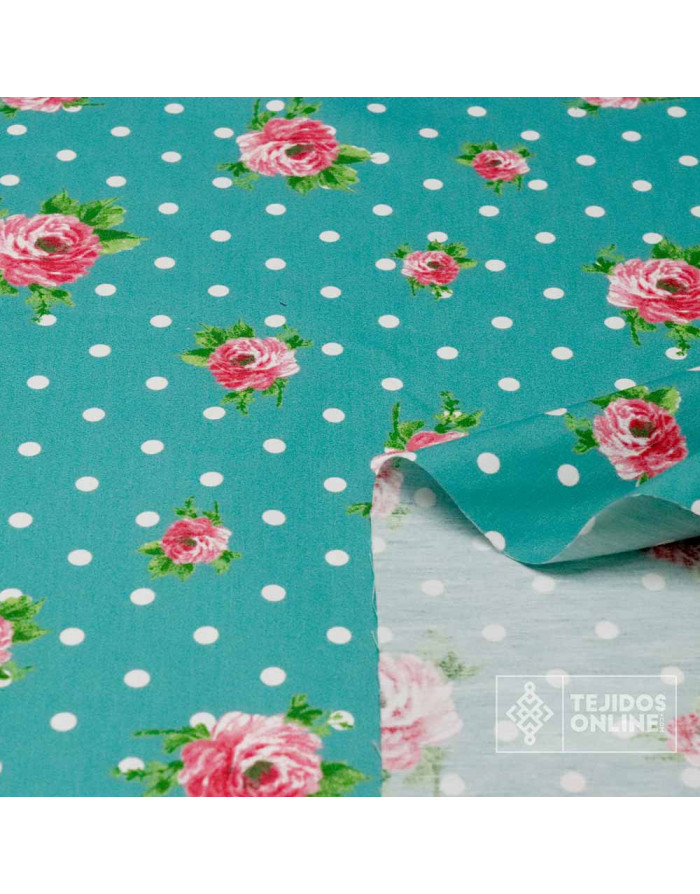 Tela Popelin Verde Agua Lunar Blanco Flor - Tela Flamencas - Imagen 2