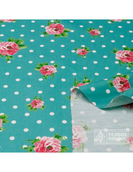 Tela Popelin Verde Agua Lunar Blanco Flor - Tela Flamencas - Imagen 2