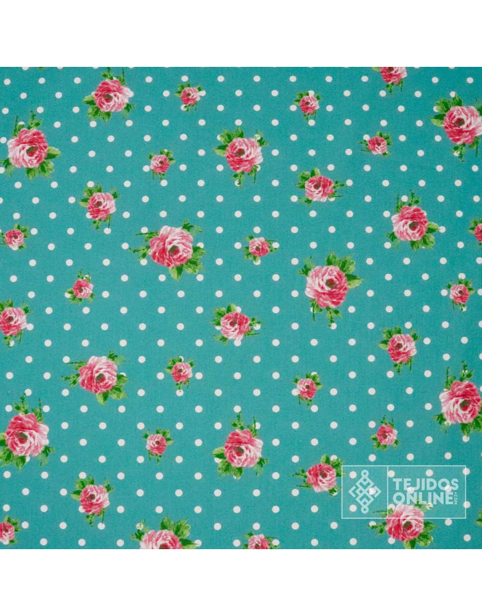 Tela Popelin Verde Agua Lunar Blanco Flor - Tela Flamencas - Imagen 3