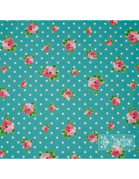 Tela Popelin Verde Agua Lunar Blanco Flor - Tela Flamencas - Imagen 3