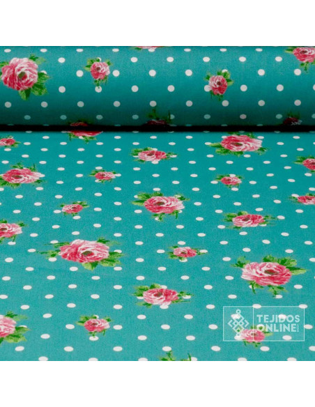 Tela Popelin Verde Agua Lunar Blanco Flor - Tela Flamencas - Imagen 1