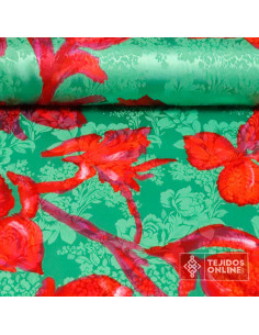 Seda Raso Verde Flor Roja