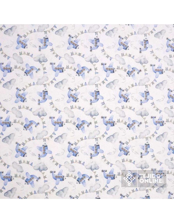 Loneta Aviones Azules Banderines  | Telas Infantiles de Aviones - Imagen 3