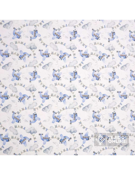 Loneta Aviones Azules Banderines  | Telas Infantiles de Aviones - Imagen 3