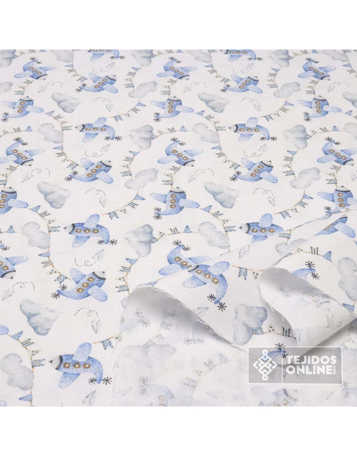 Loneta Aviones Azules Banderines  | Telas Infantiles de Aviones - Imagen 2