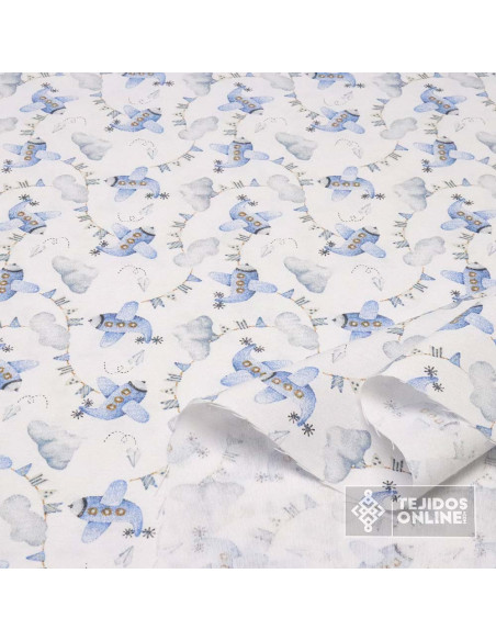 Loneta Aviones Azules Banderines  | Telas Infantiles de Aviones - Imagen 2