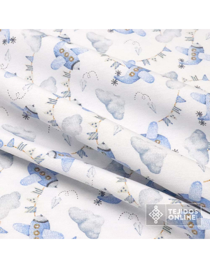 Loneta Aviones Azules Banderines  | Telas Infantiles de Aviones - Imagen 4