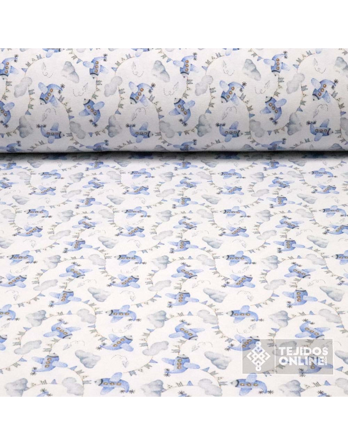 Loneta Aviones Azules Banderines  | Telas Infantiles de Aviones - Imagen 1