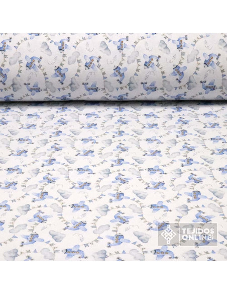 Loneta Aviones Azules Banderines  | Telas Infantiles de Aviones - Imagen 1