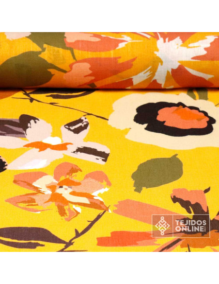Tela Lino Flores Mostaza - Telas de Linos Estampadas - Linos