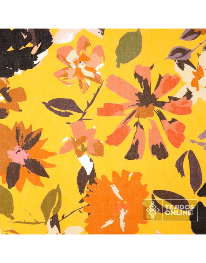 Tela Lino Flores Mostaza - Telas de Linos Estampadas - Linos