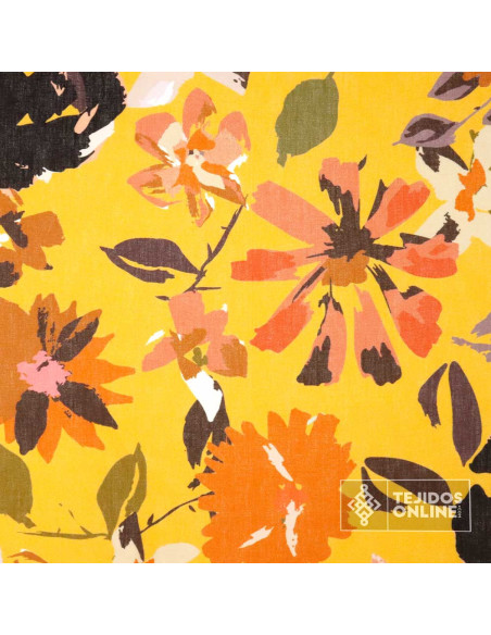 Tela Lino Flores Mostaza - Telas de Linos Estampadas - Linos