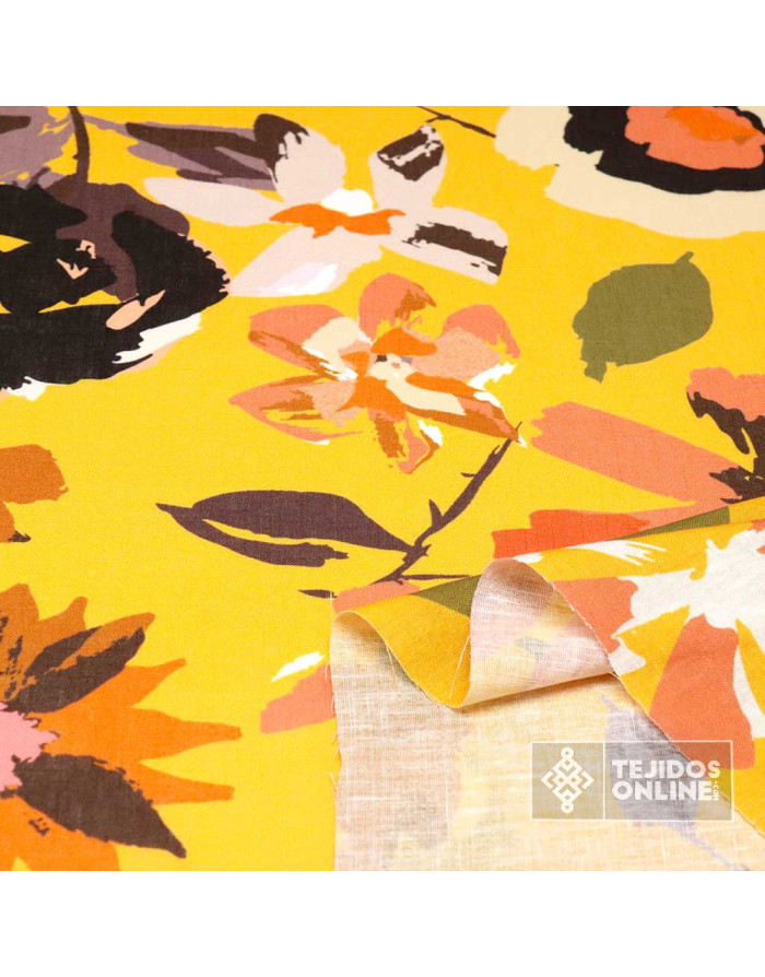 Tela Lino Flores Mostaza - Telas de Linos Estampadas - Linos