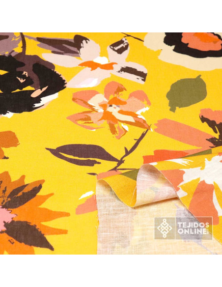Tela Lino Flores Mostaza - Telas de Linos Estampadas - Linos