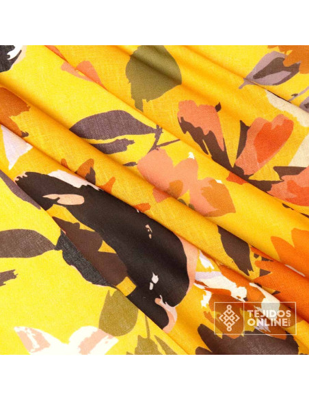 Tela Lino Flores Mostaza - Telas de Linos Estampadas - Linos