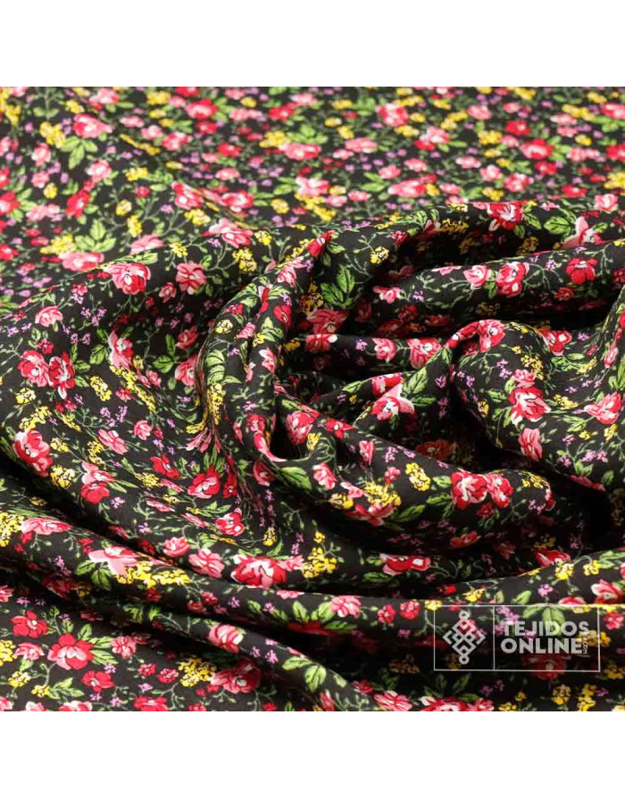 Viscosa Negra Flor Roja y Rosa - Tejidos de Viscosa - Telas Online