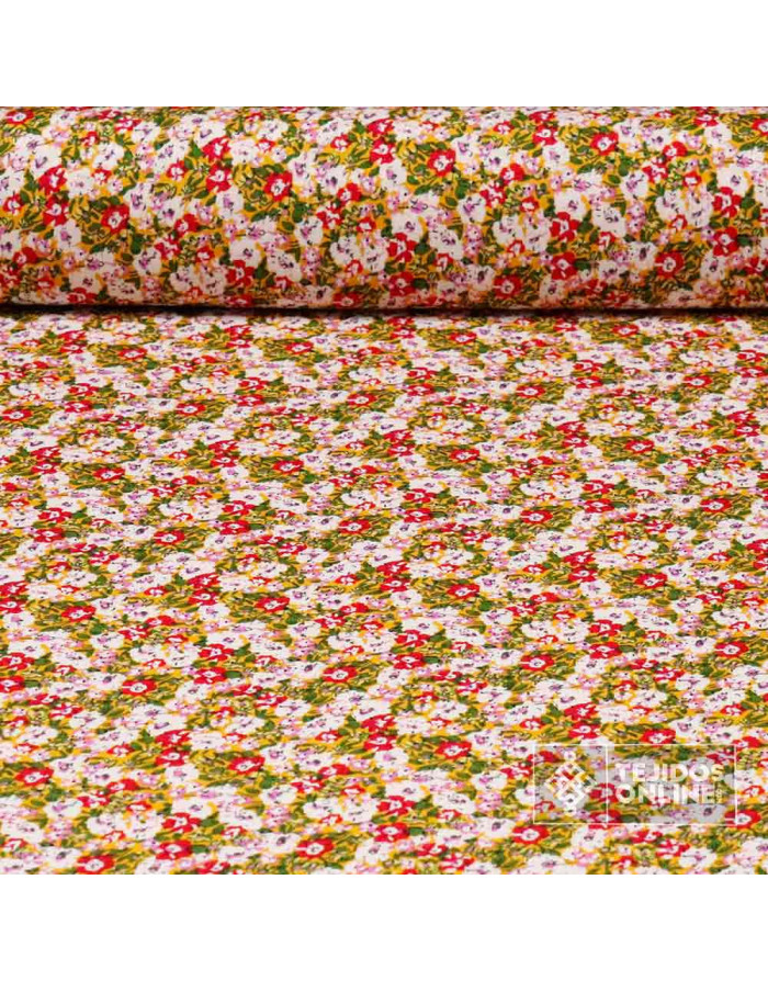 Viscosa Estampada Flor Blanca y Roja - Tejidos de Viscosa