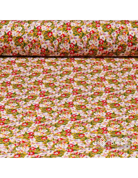 Viscosa Estampada Flor Blanca y Roja - Tejidos de Viscosa Viscosa Estampada Flor Blanca y Roja - Tejidos de Viscosa