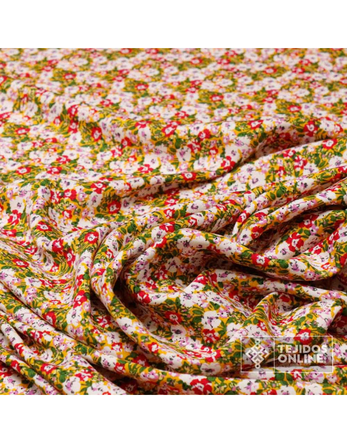 Viscosa Estampada Flor Blanca y Roja - Tejidos de Viscosa