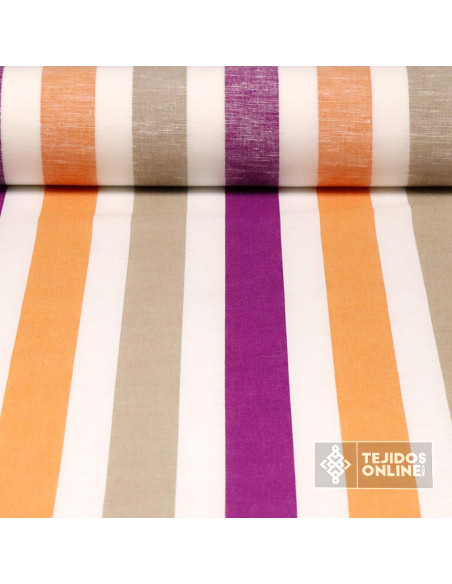 Tela Lino Rayas Morada y Mandarina - Tejidos de Lino - Imagen 1