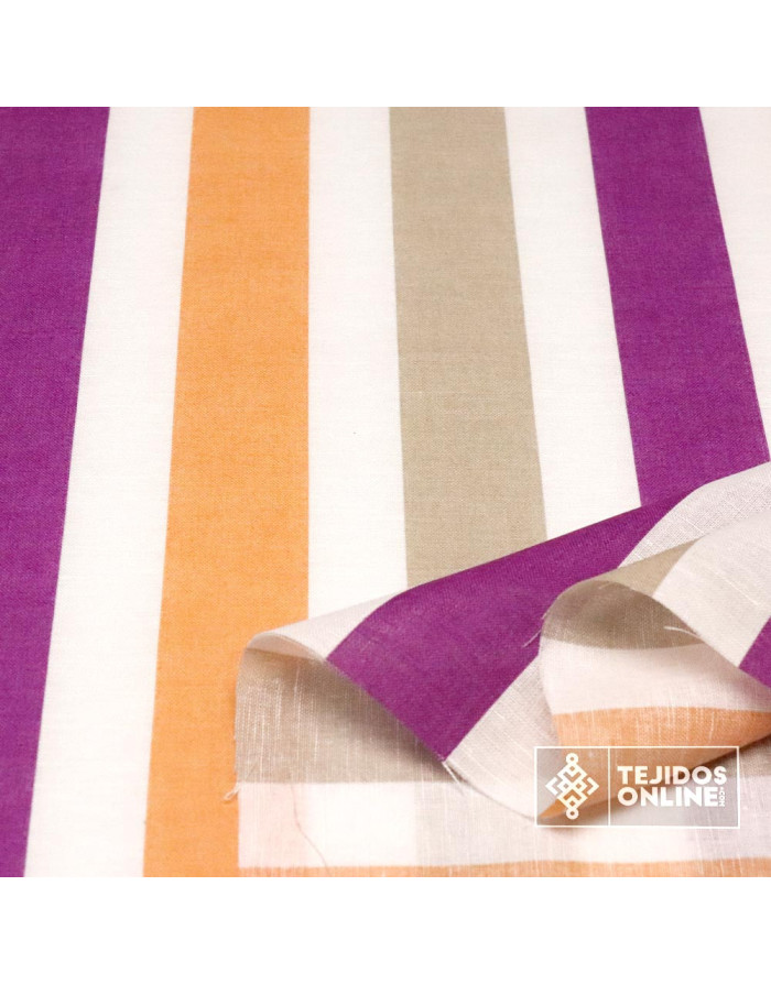 Tela Lino Rayas Morada y Mandarina - Tejidos de Lino - Imagen 2