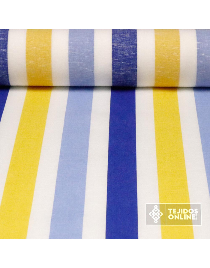 Tela Lino Rayas Azul Amarilla y Celeste  - Tejidos de Lino - Imagen 1
