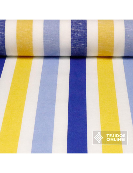 Tela Lino Rayas Azul Amarilla y Celeste  - Tejidos de Lino - Imagen 1