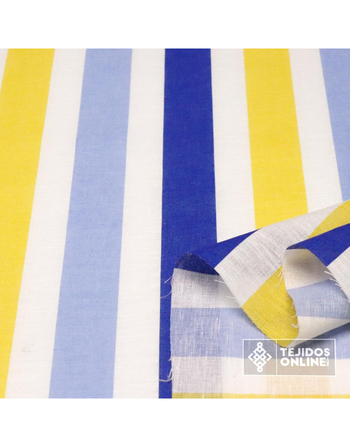 Tela Lino Rayas Azul Amarilla y Celeste  - Tejidos de Lino - Imagen 2