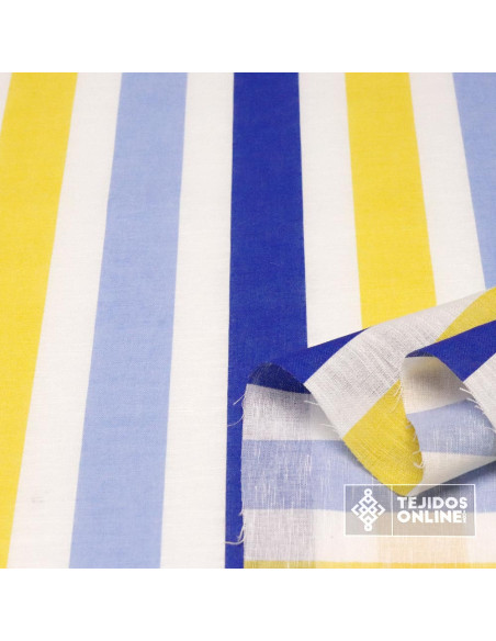 Tela Lino Rayas Azul Amarilla y Celeste  - Tejidos de Lino - Imagen 2
