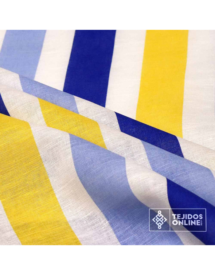 Tela Lino Rayas Azul Amarilla y Celeste  - Tejidos de Lino - Imagen 4