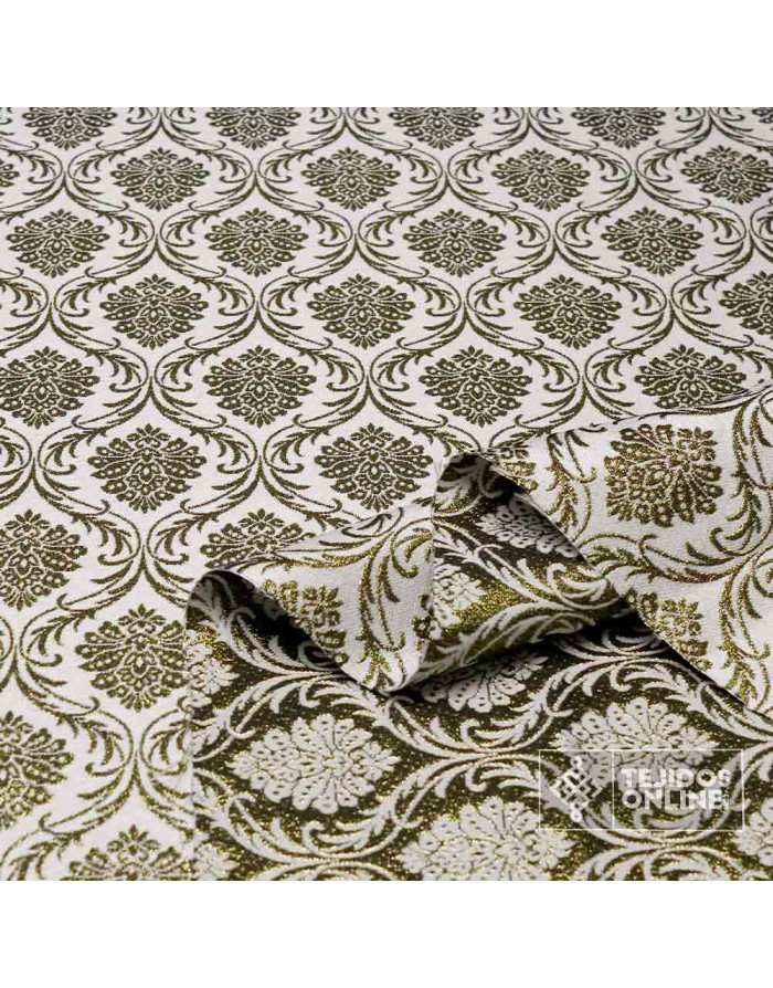 Tela Brocada Blanco Lis Dorado - Brocado Blanco y Dorado - Imagen 2