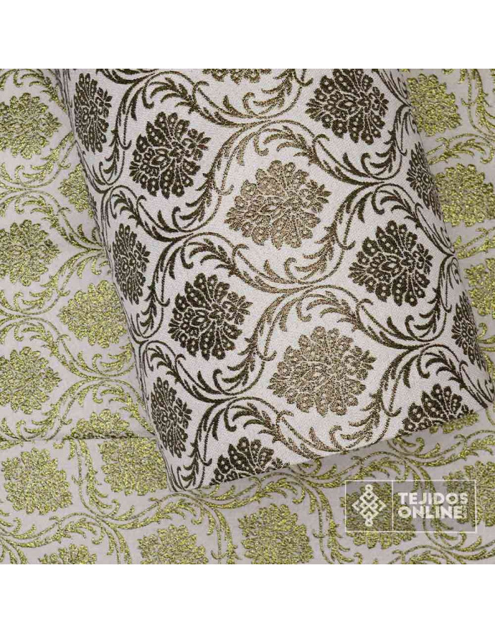 Tela Brocada Blanco Lis Dorado - Brocado Blanco y Dorado - Imagen 3