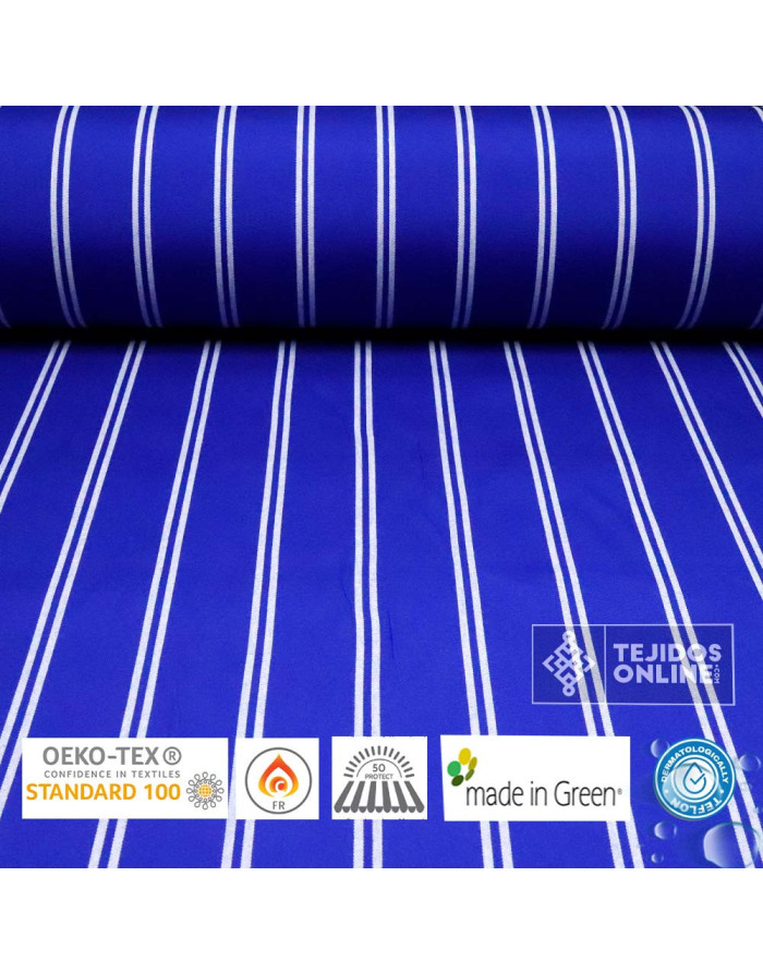 Telas para Toldo Azul y Rayas Blancas Teflón- Telas Toldos 🥇