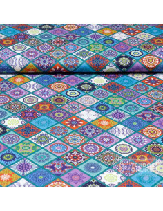 Algodón Mandalas Rombos Verde Agua
