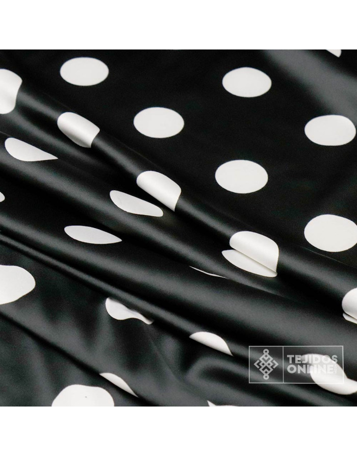 Seda Raso Negra Lunar Blanco- Tejidos de Flamenca en Ofertas
