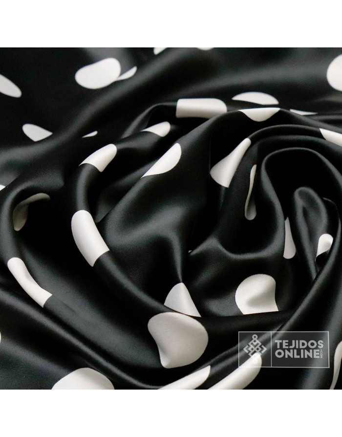 Seda Raso Negra Lunar Blanco- Tejidos de Flamenca en Ofertas