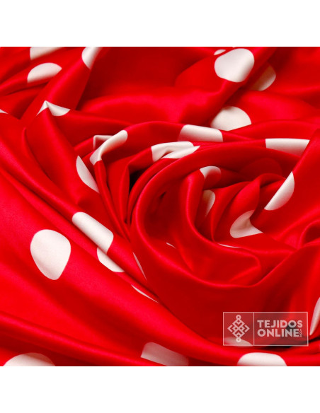 Seda Raso Rojo Lunar Blanco - Telas de Flamenca con Lycra - Imagen 3