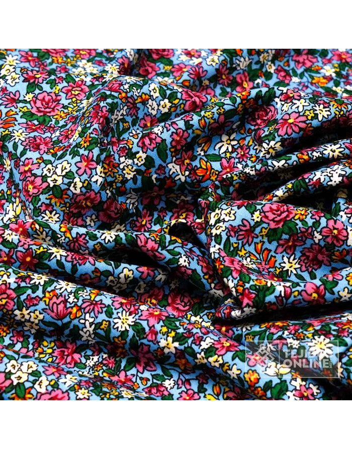 Viscosa Azul Cielo Estampada Flores- Telas De Flores Pequeñas