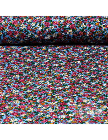 Viscosa Azul Cielo Estampada Flores- Telas De Flores Pequeñas
