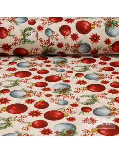 Tela Navideña Con Bolas Rojas y Aguamarina - Telas para Decorar