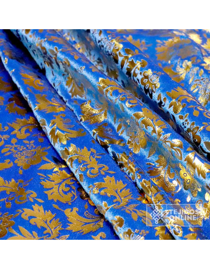 Terciopelo Azul Pan de Oro - Terciopelo Azul Oro - Tienda de Telas