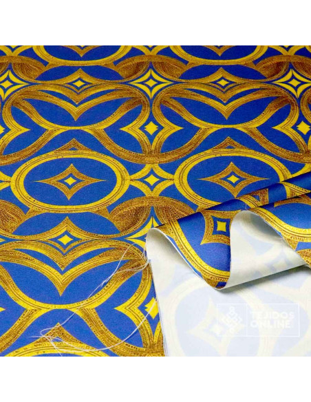 Tela Raso Azulina Forja Dorada para Cabalgata - Tejidos Online