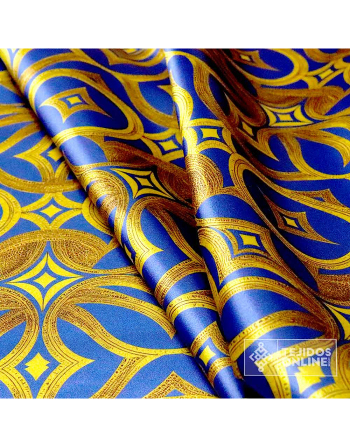 Tela Raso Azulina Forja Dorada para Cabalgata - Tejidos Online
