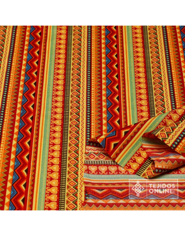 Tela Étnica Carnaval Tribal Naranja - Telas para Carnaval Baratas