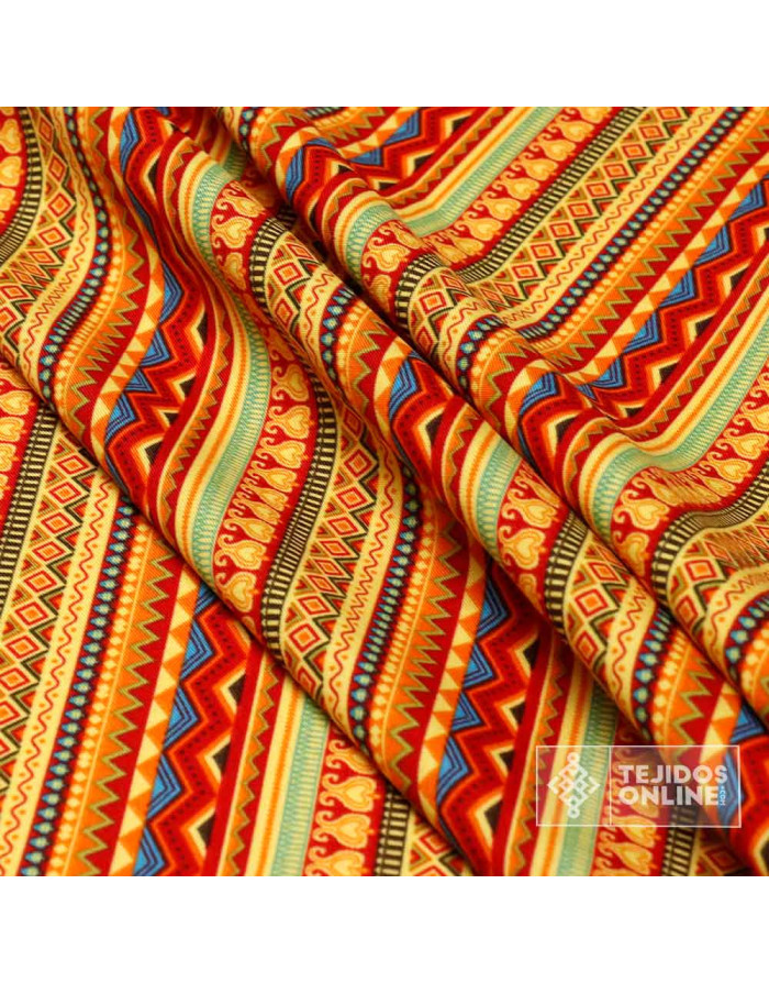 Tela Étnica Carnaval Tribal Naranja - Telas para Carnaval Baratas