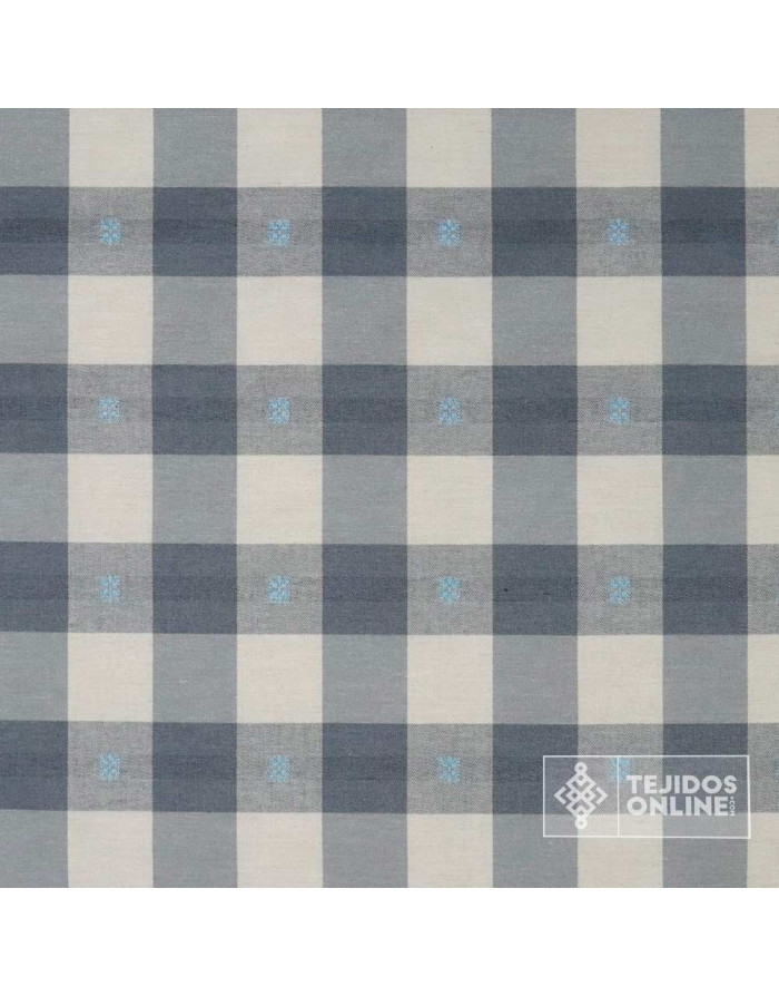 Tela de Cuadros Gris y Beige con Bordado Celeste - Telas Online