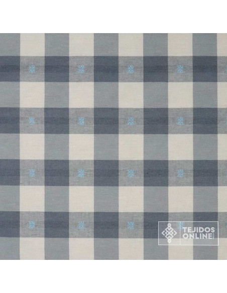 Tela de Cuadros Gris y Beige con Bordado Celeste - Telas Online Tela de Cuadros Gris y Beige con Bordado Celeste - Telas Online